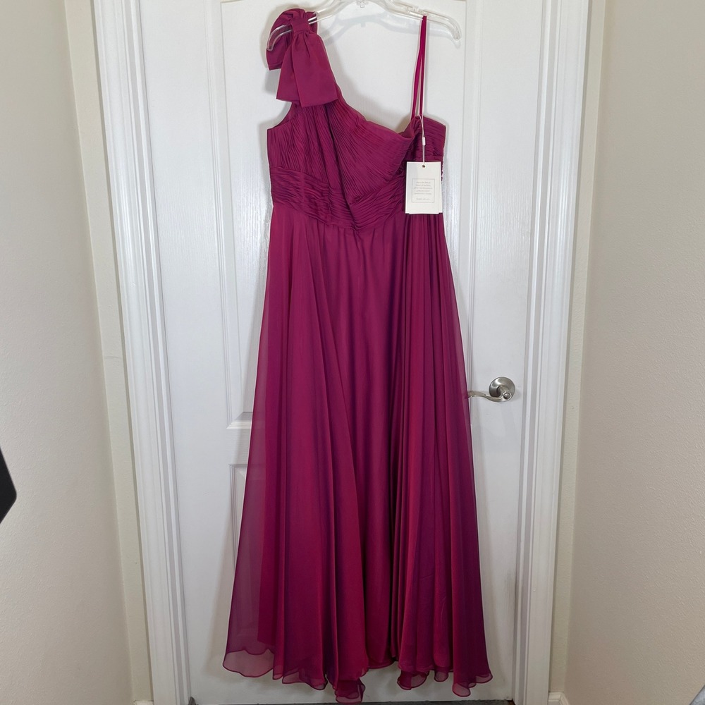 Mac Duggal One Shoulder Dress Bow Pleated Chiffon Gown Raspberry Pink NWT 14 - Picture 3 of 12